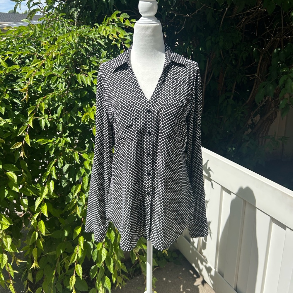 Express Portofino Shirt Polka Dot Blouse XS Black White Button Down